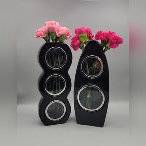 Mid Century Modern Rare Vintage Black & Chrome Ceramic Unique Traffic Light Vase